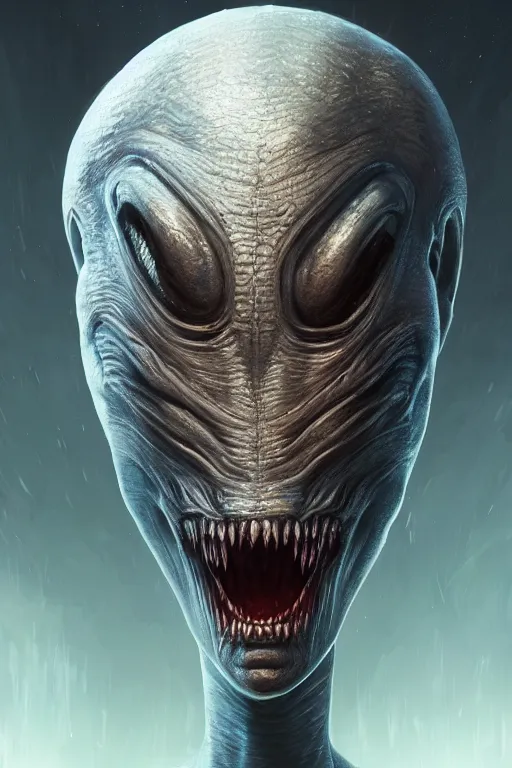 Image similar to Portrait of a Scary Alien, wide angle, super highly detailed, professional digital painting, artstation, concept art, smooth, sharp focus, no blur, no dof, extreme illustration, Unreal Engine 5, Photorealism, HD quality, 8k resolution, cinema 4d, 3D, beautiful, cinematic, art by artgerm and greg rutkowski and alphonse mucha and loish and WLOP