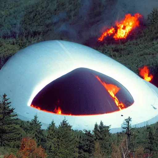 Prompt: ufo flying saucer crashed into the side of a moutain and burning