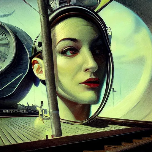 Image similar to detailed face of a woman, clockwork, moment, tectonic sky, skydome, bullet train, turbines, utopian, tech noir, wet reflections, prism, atmospheric, ambient, pj crook, syd mead, livia prima, greg rutkowski, edward hopper