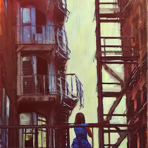 Image similar to “ a girl holding a cup of coffee sitting on a fire escape overlooking the east village in new york city, morning light, by daniel gerhartz ”