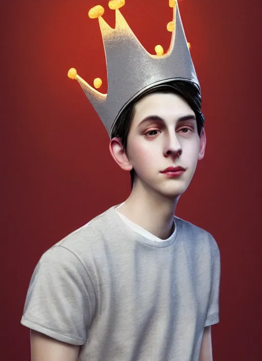Image similar to portrait of teenage jughead jones wearing a light grey crown, crown, hamburger background, eyes closed, crown, black hair, intricate, elegant, glowing lights, warm lighting, highly detailed, digital painting, artstation, concept art, smooth, sharp focus, illustration, art by wlop, mars ravelo and greg rutkowski