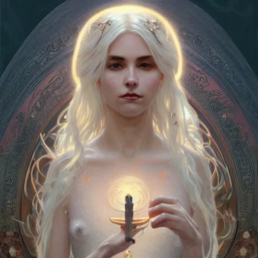 Prompt: god/goddess, non-binary, white hair, long hair, gorgeous, amazing, elegant, intricate, highly detailed, digital painting, artstation, concept art, sharp focus, illustration, art by greg rutkowski and alphonse mucha