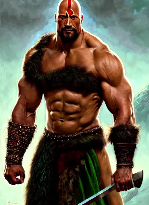 Image similar to ! dream portrait of aggressive dwayne johnson as kratos, d & d, muscular! green, fantasy, intricate, elegant, highly detailed, digital painting, artstation, concept art, smooth, sharp focus, illustration, art by artgerm and greg rutkowski and alphonse mucha