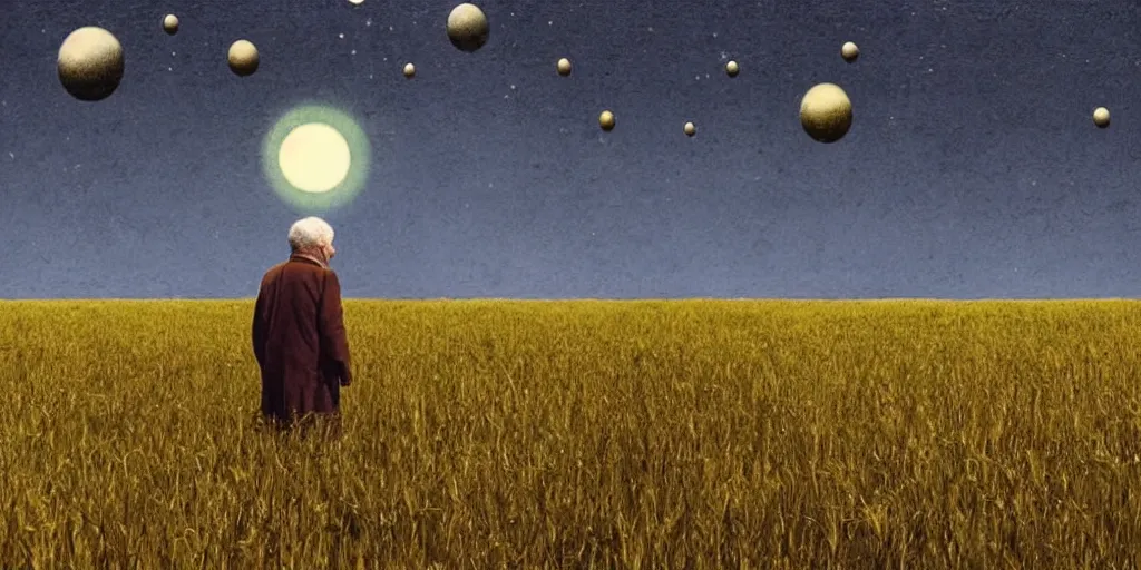 Prompt: an old man in a field looking at multiverse bubbles in the sky, scene from a stanley kubrick movie, in c