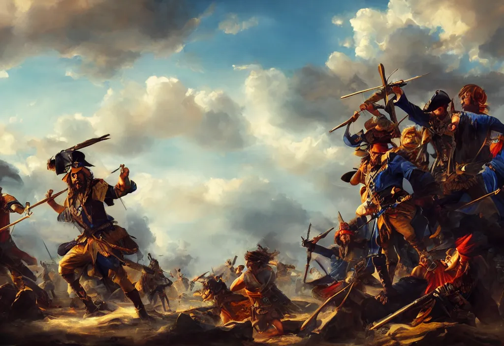Prompt: an epic war scene between pirates, dynamic poses, cinematic lighting, blue sky with beautiful clouds, warm and vibrant colors, highly detailed oil on canvas painting, winning-award digital art trending on Artstation