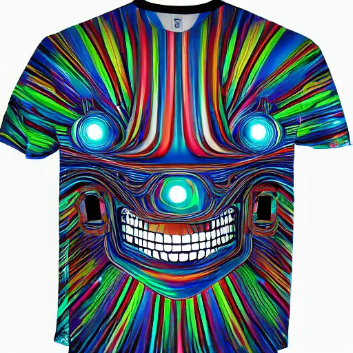 Image similar to product photo of a tshirt with a hyperdetailed portrait of a futuristic trippy smiling robot head, 8 k, symetrical, flourescent mulicolored, halluzinogenic