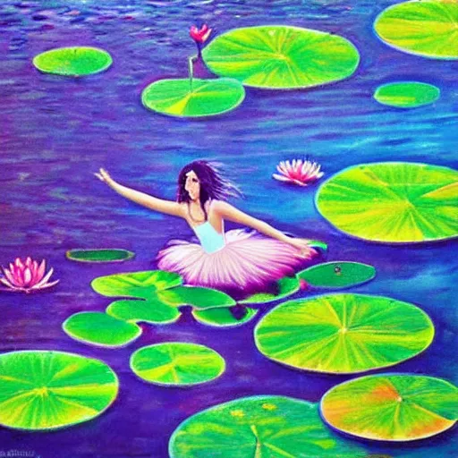 Image similar to girl floating in water, with waterlily flower, bright colours, painting, detailed, magical environment, peaceful, beautiful, artwork