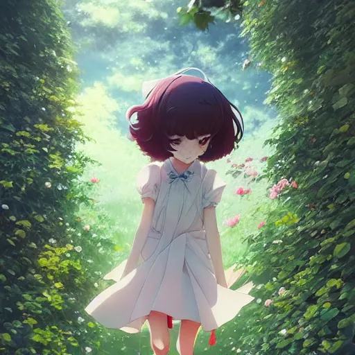 Prompt: a cute young anime woman walking in a lush park flowers ivy foliage, wlop, ilya kuvshinov, artgerm, krenz cushart, greg rutkowski, hiroaki samura, range murata, james jean, katsuhiro otomo, erik jones, anime poster, cel shaded