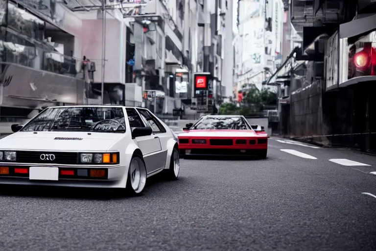 Prompt: a Giorgetto Giugiaro designed, single 1988 Audi Quattro, BMW M1 Lincoln Continental, race footage on Tokyo streets, volumetric lighting, f8 aperture, cinematic Eastman 5384 film