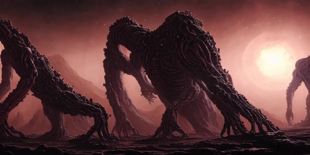 Image similar to stunning monstrous cosmic horror great old ones with space in the background!! lovecraftian horror, dead space horror!! cinematic lighting, muted colours, digital art, winning award masterpiece, fantastically beautiful, aesthetically inspired by wayne barlowe and gerald brom, trending on artstation, art by greg rutkowski, octane render, unreal engine, 8 k