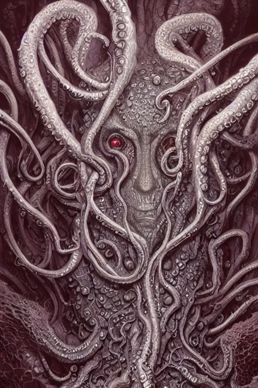 Image similar to realistic portrait of beautifully crystalized and detailed portrait of a hp lovecraft, tentacles, tendrils, eldritch, matte painting of cinematic movie scene red dragon, horror, created by gustave dore and greg rutkowski, high detailed, smooth draw, synthwave neon retro, intricate, realistic proportions, dramatic lighting, trending on artstation.