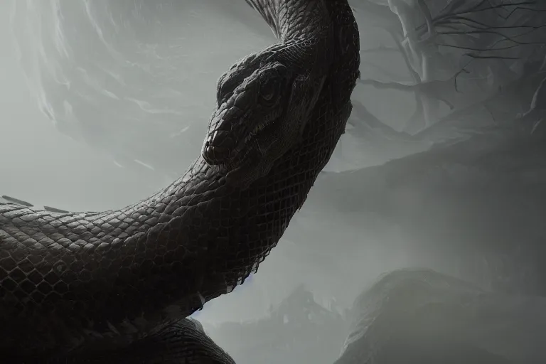 Image similar to amplified ritual engine, closeup portrait of colossal monster snake shrouded in fog, dramatic lighting, unreal engine, cgsociety, artstation, 4k