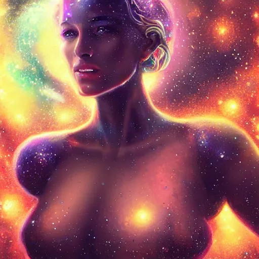 Image similar to Portrait of a cosmic goddess, suit made of stars, galaxy and nebulas, intricate, cinematic lighting, highly detailed, digital painting, artstation, concept art, smooth, sharp focus, illustration, art by Artgerm and Greg Rutkowski