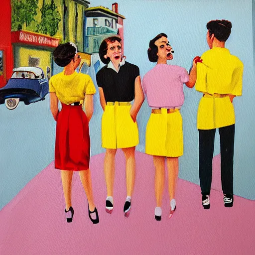 Prompt: a painting of three teenagers with rockabilly haircuts holding yellow popsicles and looking at women in the streets in the 1 9 5 0 s high details