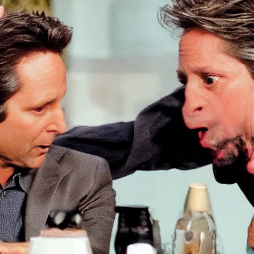 Prompt: paul rudd punching michael douglas in the stomach