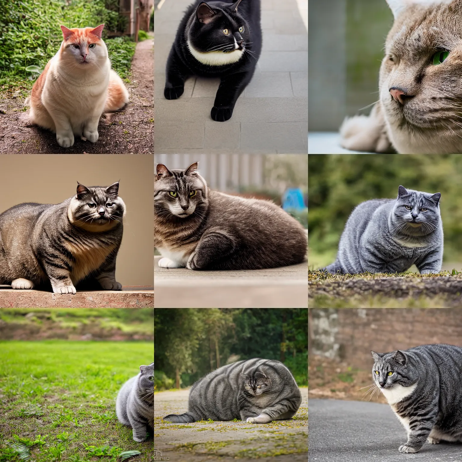 Prompt: Mega Chonker Cat, oh lawd he coming, obese, professional photo, different full body view, XF IQ4, 150MP, 50mm, F1.4, ISO 200, 1/160s, natural light