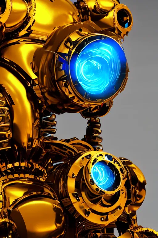 Image similar to portrait photo of a giant huge golden and blue metal humanoid steampunk robot, the head is a huge camera, with gears and tubes, eyes are glowing red lightbulbs, shiny crisp finish, 3 d render, 8 k, insaneley detailed, fluorescent colors, background is multicolored lasershow