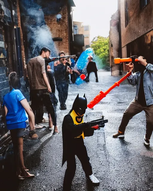 Prompt: happy batman firing super soaker water gun at playful criminals in an alleyway, everyone having fun, product advertisement, photogenic photograph