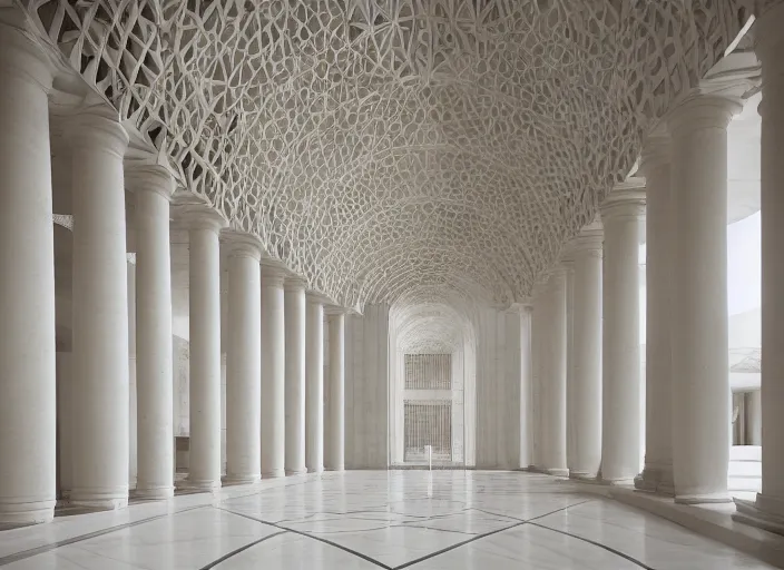 Image similar to symmetry!! white marble interior photograph, architecture carved, beautiful, smoothness, expansive, by louis kahn and moshe safdie