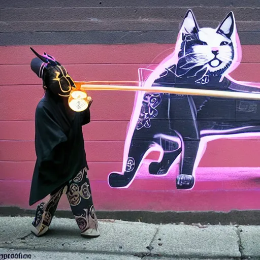 Image similar to samurai cat playing futuristic synth, street art