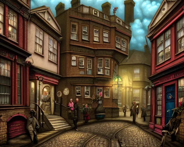 Prompt: closeup profile portrait of victorian london streets, mark ryden, lostfish, max fleischer, hyper realistic, artstation, illustration, digital paint, matte paint, vivid colors, bright, cheerful, detailed and intricate environment