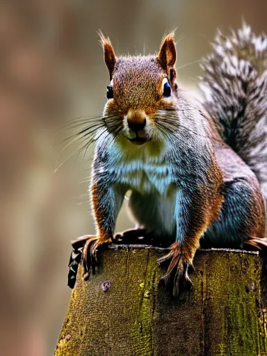 Image similar to a squirrel as king arthur, extremely plump, wearing crown of acorns and dandelions, servant squirrels, king arthur's court, game of thrones, sitting on throne, low angle, palace, fantasy art, cinematic lighting, realistic, sony 2 4 mm f 4. 0