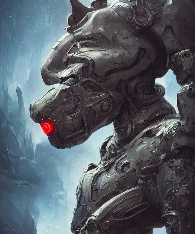 Prompt: an anthropomorphic rhinoceros portrait wearing a sci fi armor, surrealism , scifi, intricate mecha armor, elegant, highly detailed cybernetic body armor, neon glowing eyes, digital painting, artstation, concept art, smooth, sharp focus, illustration, art by Artgerm and moebius and Peter Mohrbacher,