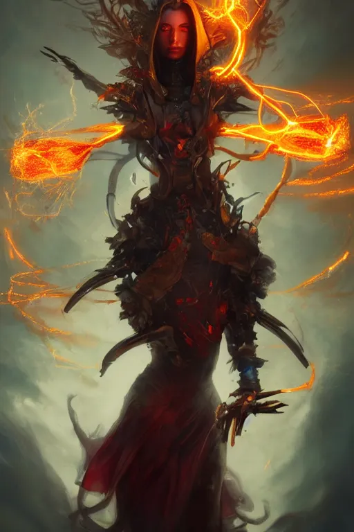 Image similar to model wearing exploding fire electricity and blood, sorcerer, diamonds, angel, fantasy, dramatic lighting, highly detailed, digital painting, holding electricity, magic the gathering, hyper detailed, 3 d render, hyper realistic detailed portrait, peter mohrbacher, wlop, ruan jia