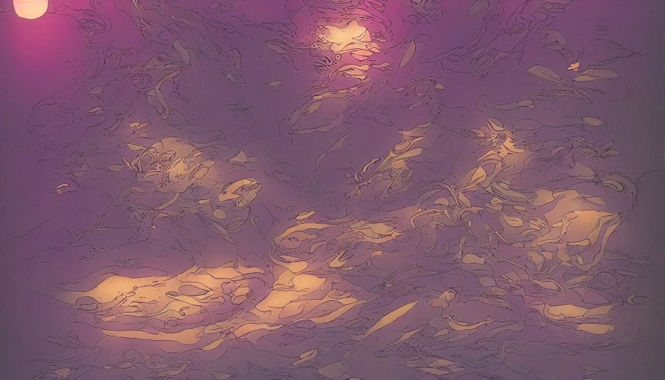 Image similar to underwater, filtered light, moebius