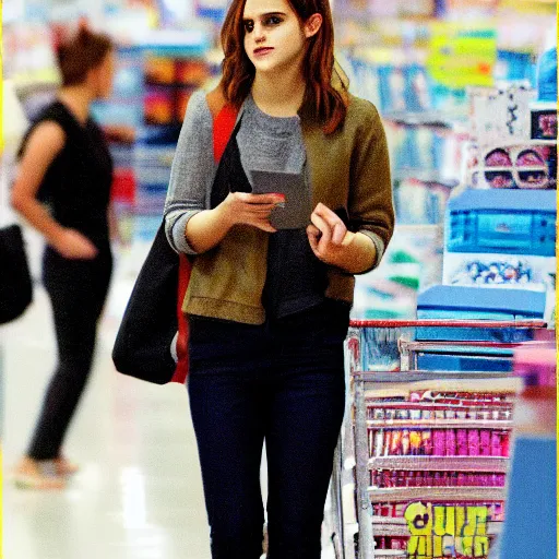 Prompt: emma watson, inside kmart,