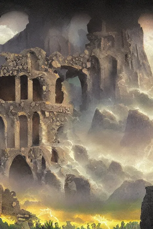 Image similar to digital painting detailed Old Ruins stone candy sky from magic the gathering by James gurney