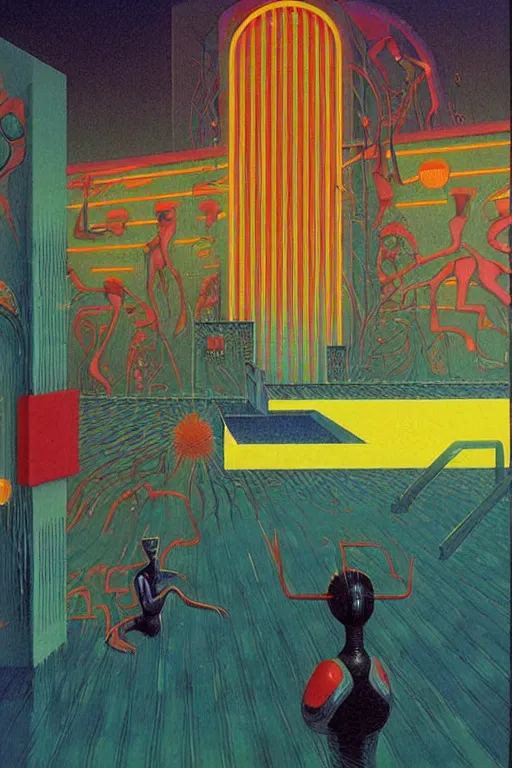 Image similar to 8 0 s art deco motel with swimmingpool, robots, neon signes, cinematic dramatic cyberpunk textural fluid lines otherworldly vaporwave interesting details fantasy lut epic composition by basquiat zdzisław beksinski james jean artgerm rutkowski moebius francis bacon gustav klimt