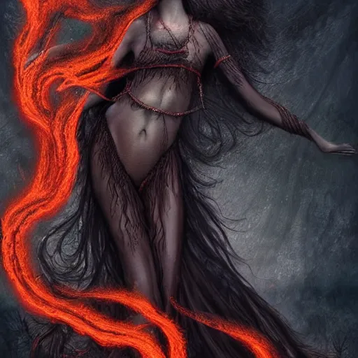 Prompt: a highly detailed full body of mythical female creature made of volcanic lava stones and magma with long hair of flames and beautiful eyes, red veins, intricate details, surreal, magical,