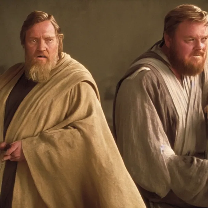 Image similar to obi wan kenobi but obese!! and overweight, photoralistic rendering, movie still, screenshot, hyperdetailed