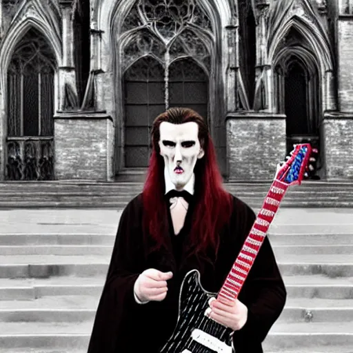 Image similar to UHD candid photo of Count Dracula playing electric guitar in front of a gothic cathedral, with accurate face, UHD, photorealistic, correct face, real Gibson guitar, photo by Annie Leibowitz