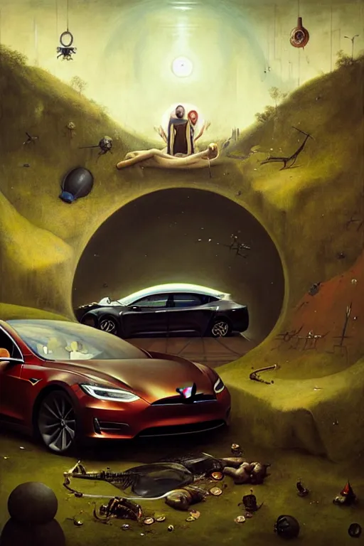 Image similar to hieronymus bosch, greg rutkowski, anna podedworna, painting of a elon musk doing heroin while driving a tesla into an orphanage