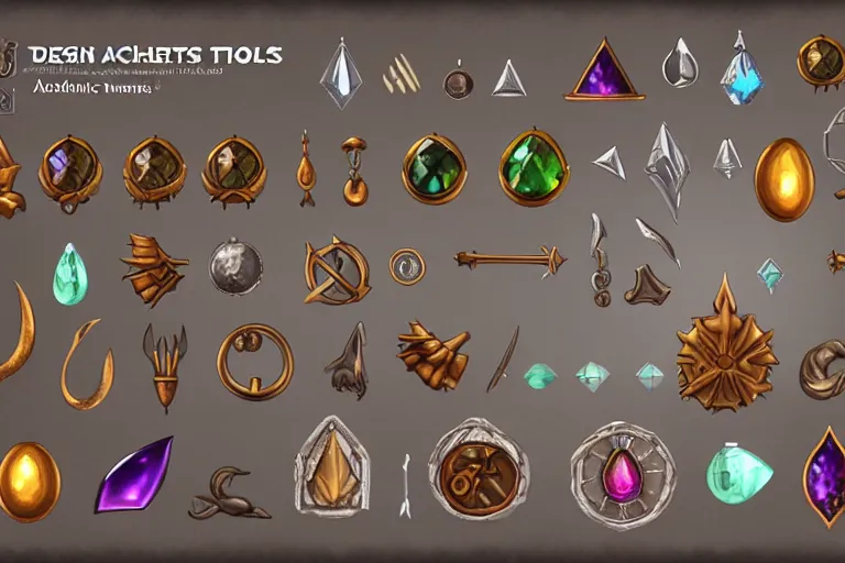 Image similar to design sheet of various alchemist tools, magic gems, props