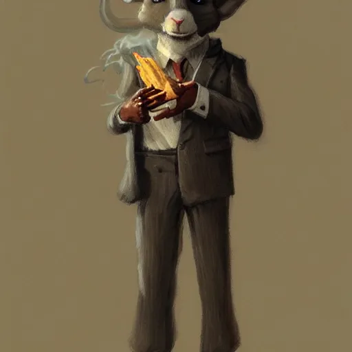 Image similar to award winning character art commission of an anthro furry humanoid goat smoking a cigar, three piece suit, character concept design, painting, detailed, vivid, trending on artstation, art by greg rutkowski