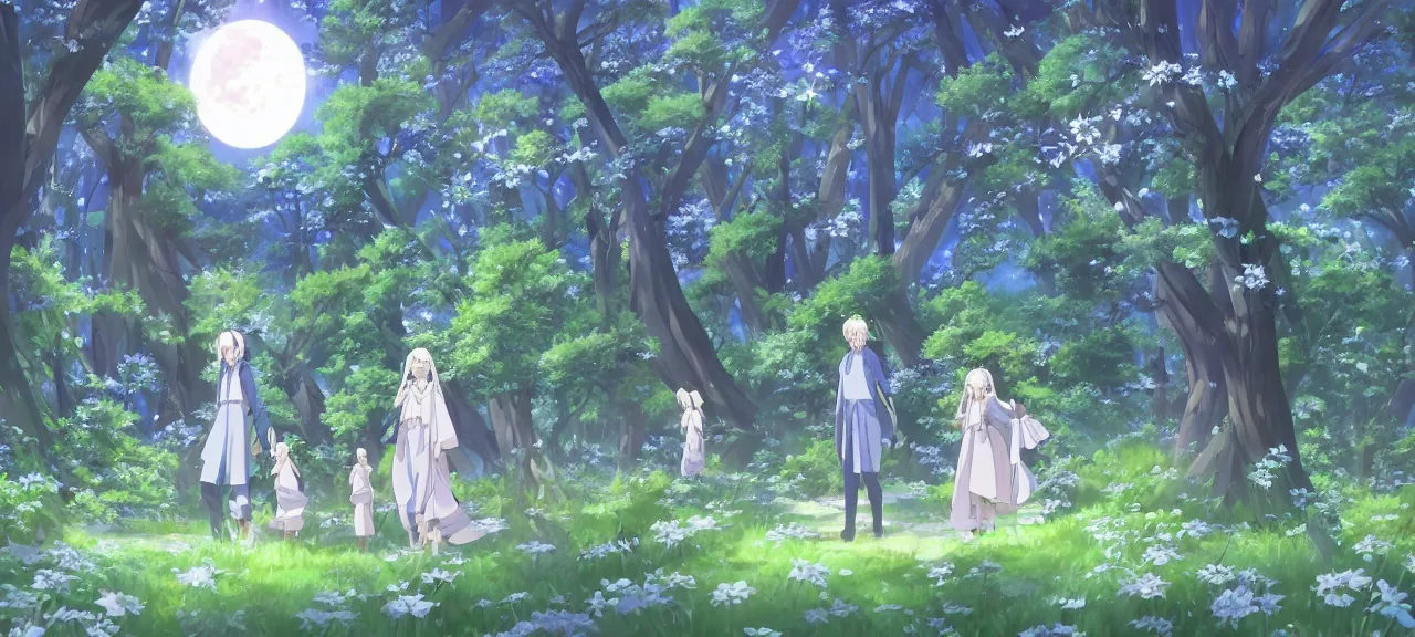 Prompt: illyasviel and Konpaku walking through enchanted ghibli clover Forest | Bright Big Moon at Blue Night | Trees with white flowers | bioluminescent blue FLOWERS | strong blue rimlit | visual-key | anime illustration | highly detailed High resolution | Light Novel | Visual Novel | In the style of Miyama-Zero, Yuuki Hagure | brilliant vibrant saturated dark colors | Digital-watercolor