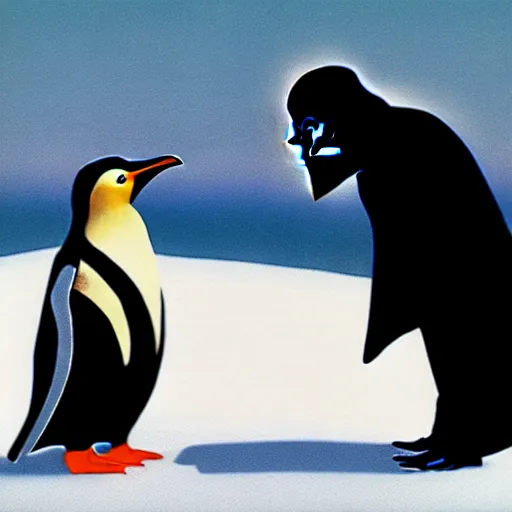 Image similar to darth vader talking with a penguin