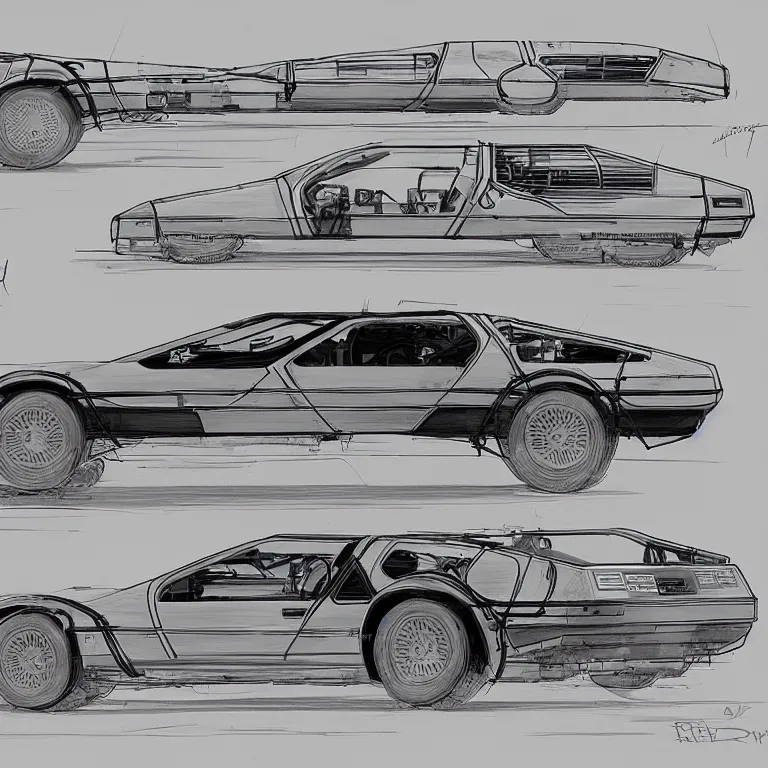 Image similar to blueprint of a single sleek concept delorean, by red dead redemption 2, by greg rutowski