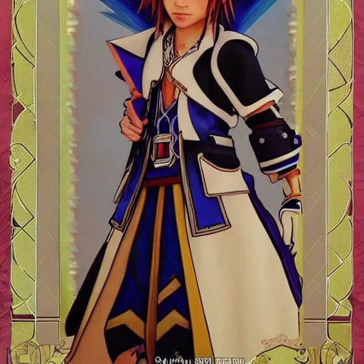 Image similar to kingdom hearts sora, a very detailed cosplay, a very detailed elegant, sharp focus, a very detailed art by alphonse mucha and greg rutkowski