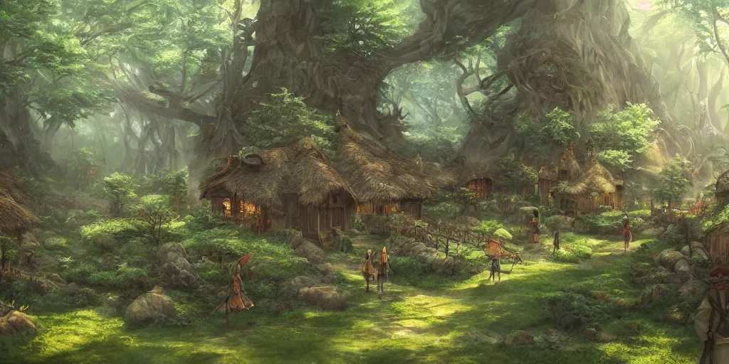 Prompt: An elven village, forest, cinematic angle, beautiful, studio Ghibli, cinematic lighting, detailed realism painting, hyperrealistic, 8k