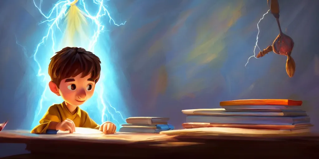 Image similar to a young boy wizard with brown hair and is standing at his desk working on a new spell that is casting out flowing energy, colorful, flowing energy, light rays, consistent face, medium shot, waist up, pixar and disney animation, sharp, concept art, highly detailed, trending on artstation, bloom, dramatic lighting, cinematic
