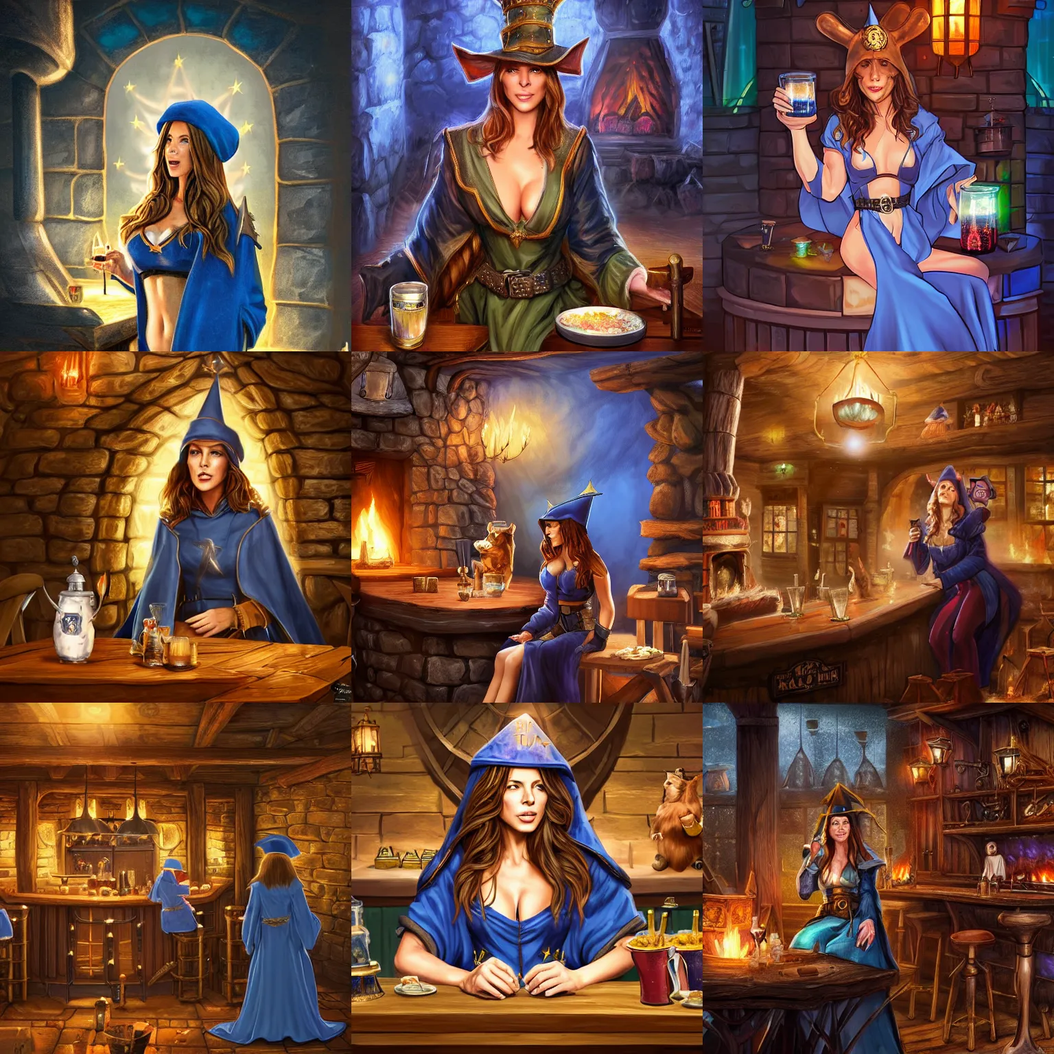 Prompt: kate beckinsale weared in mage robe and cone hat blue with stars, sit in fantasy tavern near fireplace, behind bar deck with bear mugs, medieval dnd, colorfull digital fantasy art, 4k