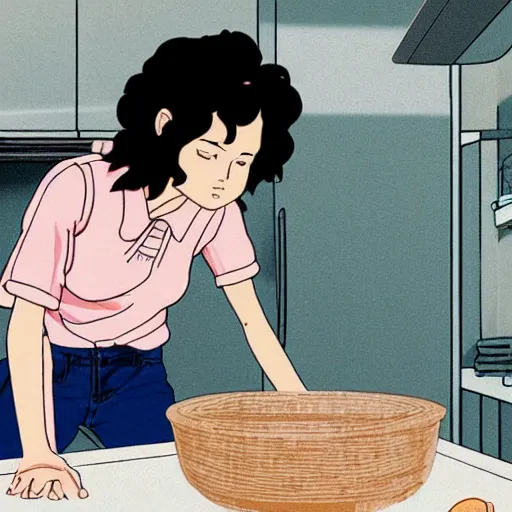 Prompt: portrait of a woman with dark curly hair in a pink shirt and high-rise jeans making sourdough in sunlit kitchen, hyper detailed, by studio ghibli