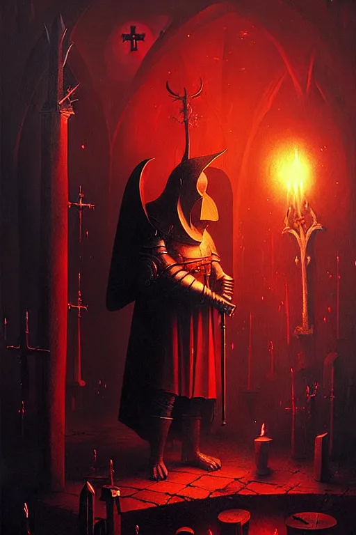 Prompt: hieronymus bosch, greg rutkowski, anna podedworna, painting of the black knight, glowing red evil lights, graveyard