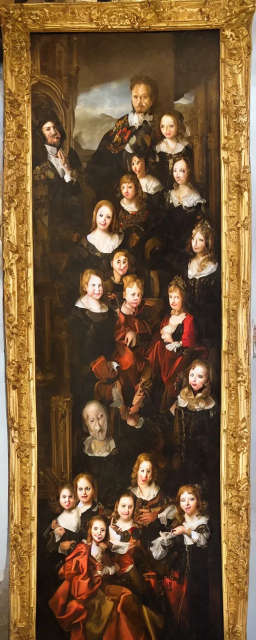 Prompt: oil paint canva of family portrait in the main room of the castle, dark room, one point of light trough a big window. baroque style 1 6 5 0, high details on clothes, realistic faces and expressions