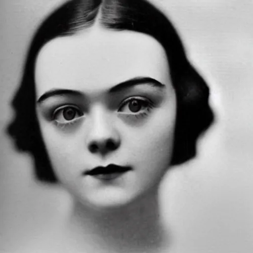 Prompt: headshot edwardian photograph of elle fanning, 1 9 2 0 s film actress, realistic face, 1 9 1 0 s, grainy, victorian, detailed, soft blur