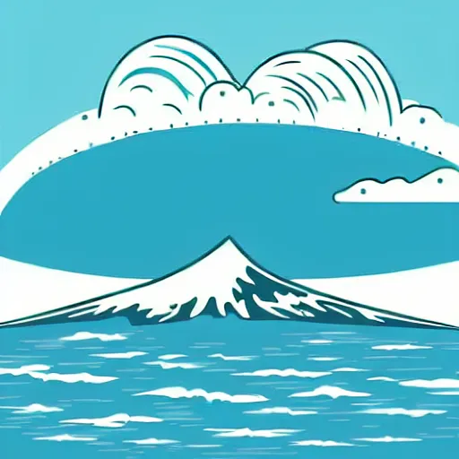 Image similar to giant tsunami wave that is 20 miles high, approaching about to crash into a small coastal town. miniature buildings compared to giant waves are so tall, they seem to touch the sky, large scale image, cartoon color drawing vector illustration, 2d photorealistic flat anime style